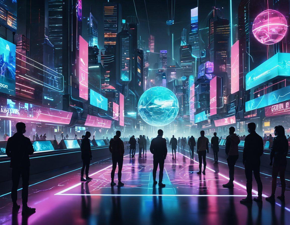 A futuristic digital landscape showcasing diverse online communities interconnected through vibrant glowing networks. Visualize people from various cultures collaborating seamlessly, surrounded by holographic interfaces and digital platforms. Emphasize a sense of unity and innovation with ethereal light effects and dynamic geometric shapes. The overall mood should be optimistic and forward-looking. cyberpunk. vibrant colors. 3D.