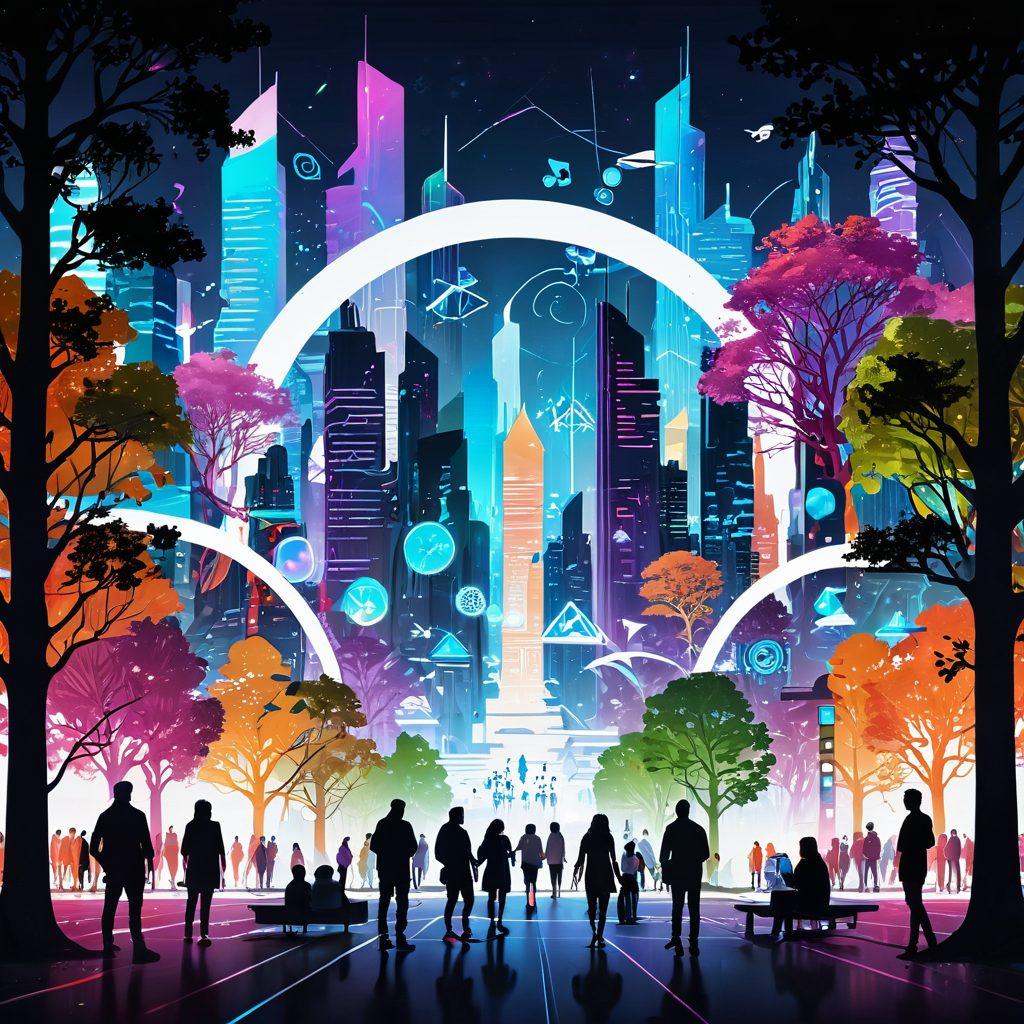 A futuristic digital cityscape filled with diverse groups of people communicating through holographic interfaces, surrounded by vibrant trees and community spaces that promote connection. The background features floating icons representing various digital platforms, symbolizing evolution and growth. Bright and engaging colors enhance the sense of community and connectivity. cyberpunk. vibrant colors. white background.