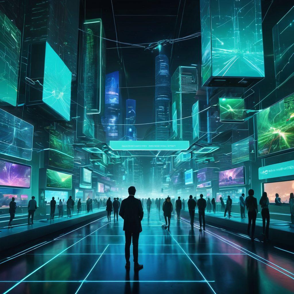 A futuristic cityscape filled with glowing screens and interconnected networks, symbolizing the digital age. In the foreground, diverse individuals engage with advanced online services through holographic interfaces, showcasing empowerment and connectivity. Elements of innovation like flying drones and virtual reality headsets are present. Soft blue and green neon lights create a sense of optimism. super-realistic. vibrant colors. 3D.